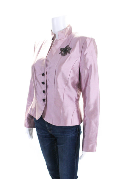 Kay Unger Womens Silk Blend High Neck Button Up Blazer Jacket Pink Size 8