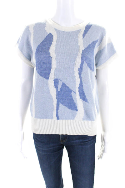 Courreges Womens Cotton Abstract Print Short Sleeve Knit Sweater Top Blue Size M