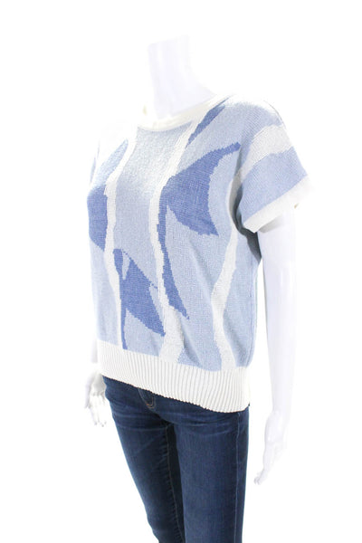 Courreges Womens Cotton Abstract Print Short Sleeve Knit Sweater Top Blue Size M