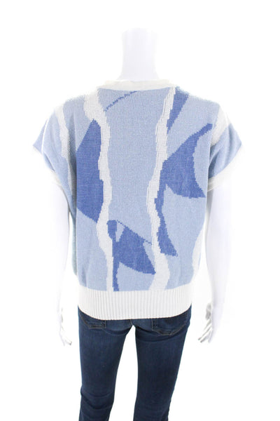 Courreges Womens Cotton Abstract Print Short Sleeve Knit Sweater Top Blue Size M