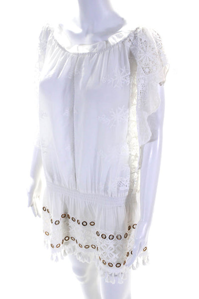 Pia Rossini Womens Floral Embroidered Batwing Sleeve Blouson Top White Size OS