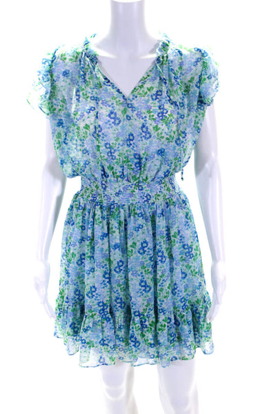 Shoshanna Womens Floral Print V-Neck Smocked Blouson Dress Blue Green Size 2