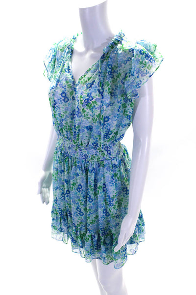 Shoshanna Womens Floral Print V-Neck Smocked Blouson Dress Blue Green Size 2