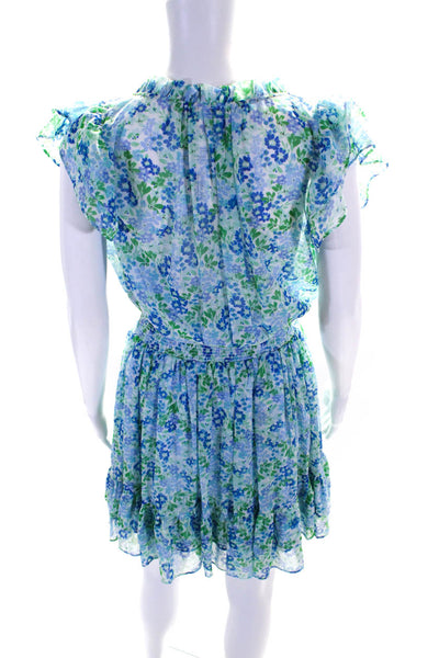 Shoshanna Womens Floral Print V-Neck Smocked Blouson Dress Blue Green Size 2