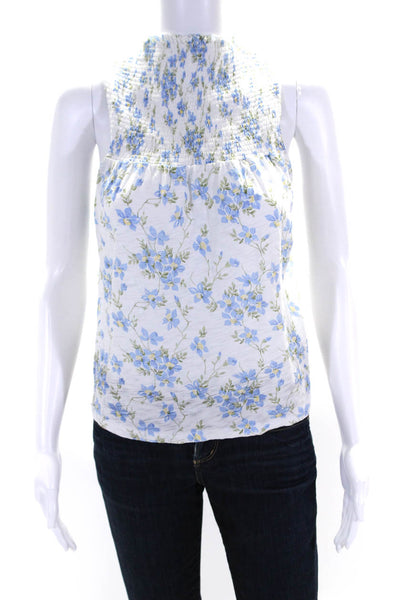 Goldie Womens Cotton Floral Print Smocked Mock Neck Shirt Top White Blue Size S