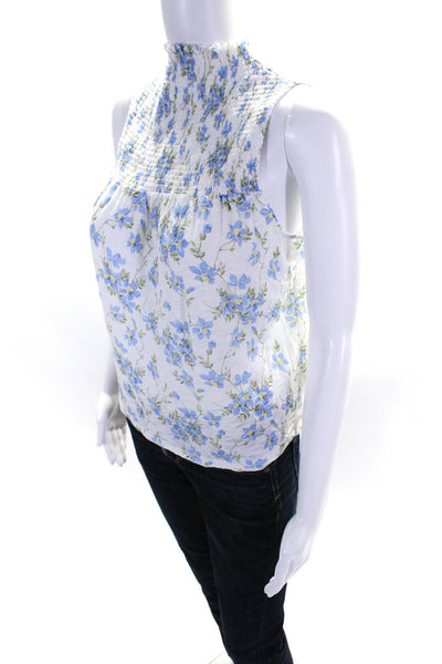 Goldie Womens Cotton Floral Print Smocked Mock Neck Shirt Top White Blue Size S