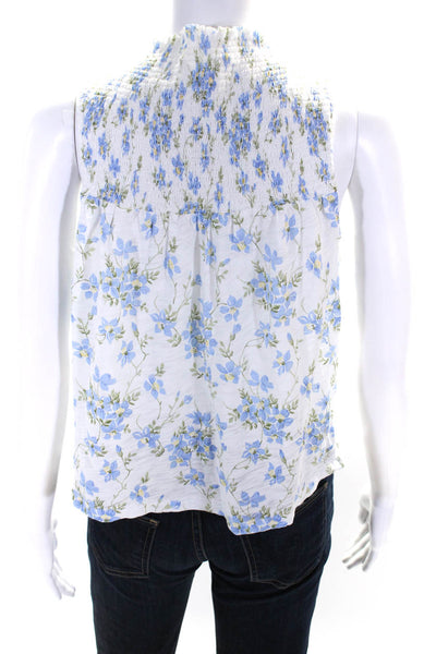 Goldie Womens Cotton Floral Print Smocked Mock Neck Shirt Top White Blue Size S