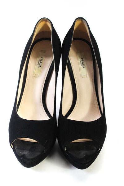 Prada Womens Suede Open Toe Slide On Platform Pumps Jet Black Size 36 6