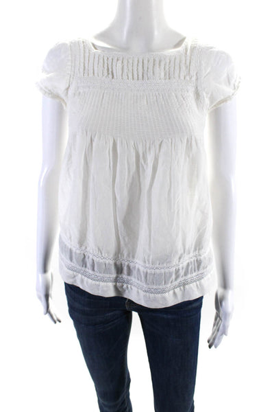 Joie Womens Knit Trim Short Sleeves Blouse White Cotton Size Extra Extra Small