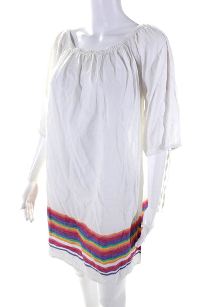 J Crew Womens Linen Rainbow Striped Print Ruched A-Line Midi Dress White Size L