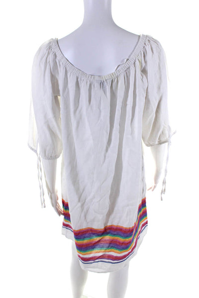 J Crew Womens Linen Rainbow Striped Print Ruched A-Line Midi Dress White Size L