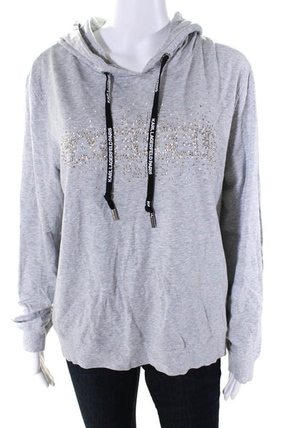Karl Lagerfeld Womens Cotton Embellished Pullover Hoodie Gray Size M