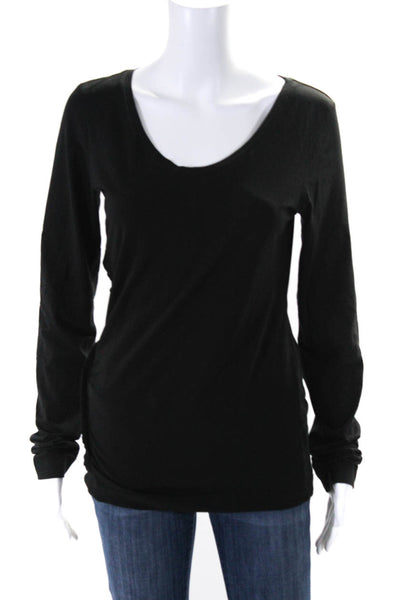 Theory Womens Cotton Jersey Knit Ruffled Trim Long Sleeve Shirt Top Black Size L