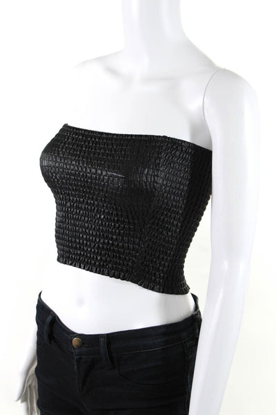 Commando Womens Faux Leather Smocked Sleeveless Textured Tube Top Black Size XS