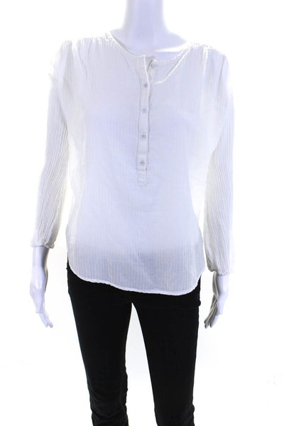 Splendid Womens Striped Print Buttoned Round Neck Long Sleeve Top White Size S