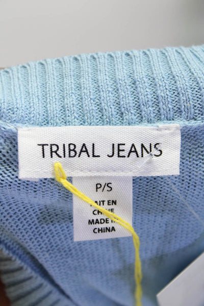 Tribal Jeans Womens Blue Cotton Crew Neck Printed 3/4 Sleeve Sweater Top Size S
