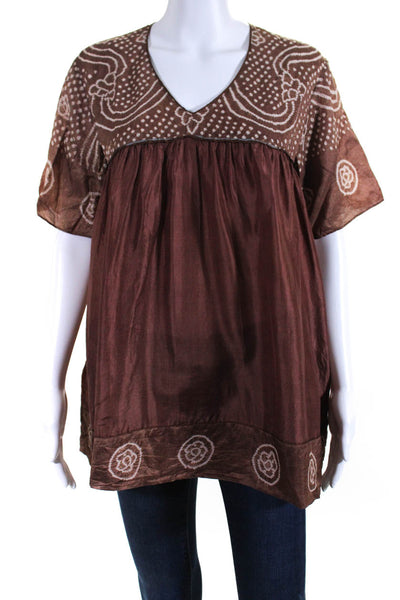 Joshi Womens Silk Charmeuse Half Sleeve V-Neck Tunic Blouse Cocoa Brown Size 2