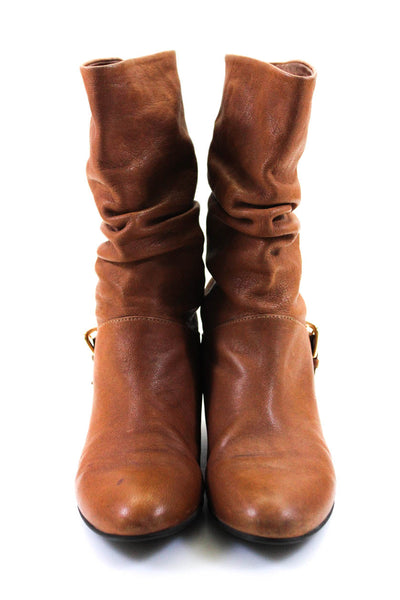 Stuart Weitzman Womens Leather Almond Toe Ruched Mid Calf Boots Brown Size 6.5US