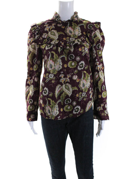 La Vie Womens Cotton Floral Long Sleeve Button Up Blouse Top Burgundy Size S