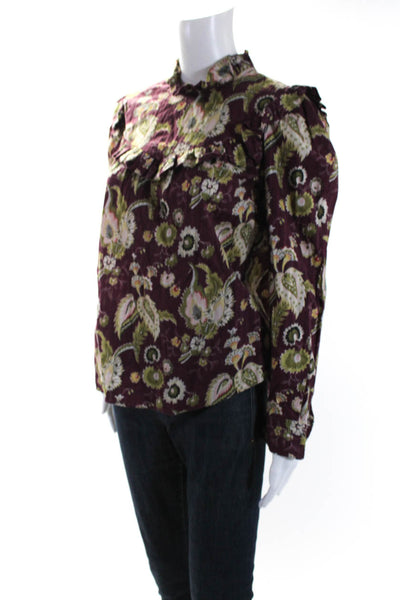 La Vie Womens Cotton Floral Long Sleeve Button Up Blouse Top Burgundy Size S