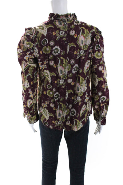 La Vie Womens Cotton Floral Long Sleeve Button Up Blouse Top Burgundy Size S