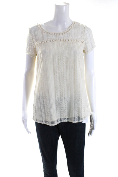 Sundays In Brooklyn Womens Embroidered Short Sleeves Blouse Beige Size Small