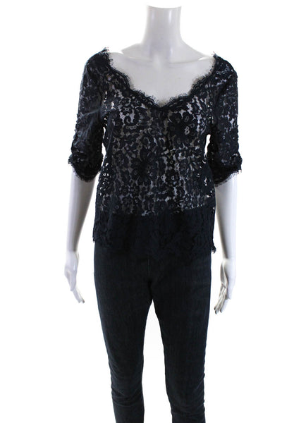 Joie Womens Lace V Neck Ruched 3/4 Sleeves Pullover Blouse Navy Blue Size Small