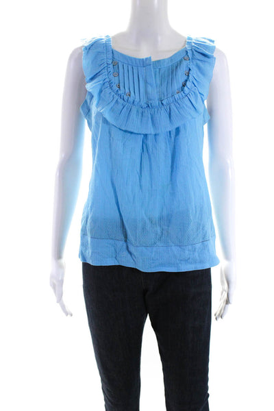 Leifsdottir Anthropologie Womens Ruffled Button Detail Blouse Blue Cotton Size 4