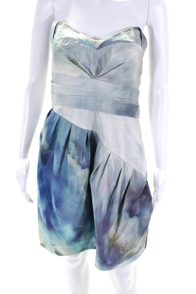 Zac Posen Womens Silk Strapless Pleated Tie Dye Print Mini Dress Blue Size 10