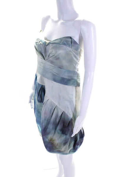 Zac Posen Womens Silk Strapless Pleated Tie Dye Print Mini Dress Blue Size 10