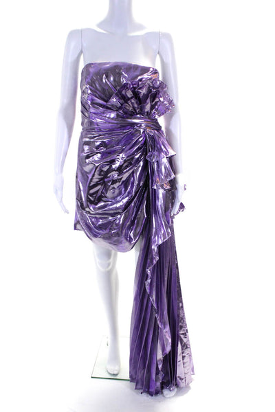 Mac Duggal Womens Metallic Pleated Train Strapless Mini Dress Purple Size 14