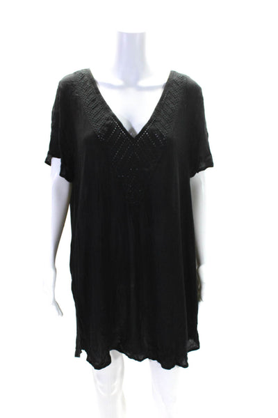 Amuse Society Womens V Neck Embroidered Swimwear Coverup Black Size L