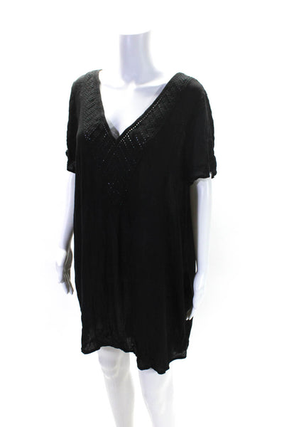 Amuse Society Womens V Neck Embroidered Swimwear Coverup Black Size L