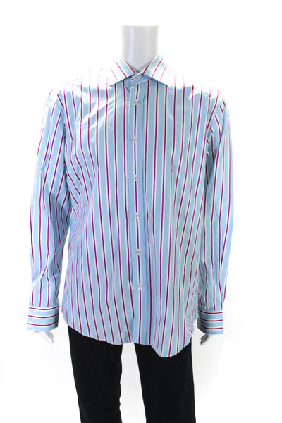 Bugatchi Mens Cotton Striped Long Sleeve Button Down Shirt Blue Size L