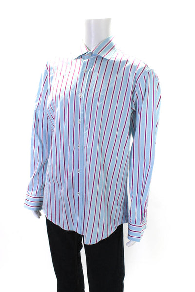 Bugatchi Mens Cotton Striped Long Sleeve Button Down Shirt Blue Size L