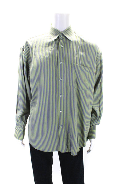 Bugatchi Mens Striped Long Sleeve Button Down Collared Shirt Green Size L