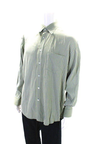 Bugatchi Mens Striped Long Sleeve Button Down Collared Shirt Green Size L