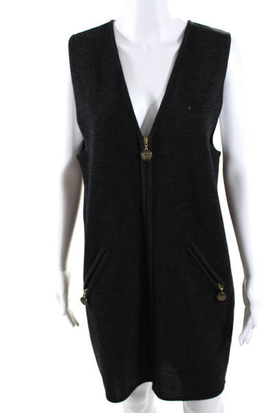 Nordstrom Womens Front Zip Sleeveless V Neck Knit Shift Dress Gray Wool Size PM