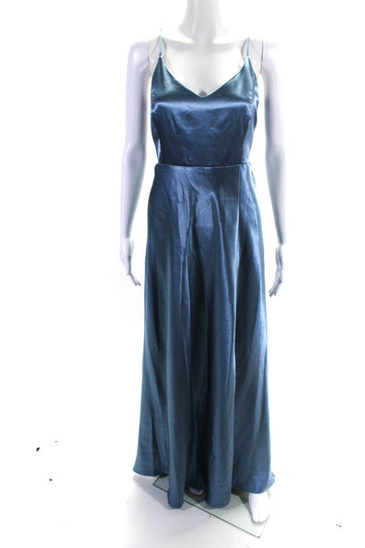 Birdy Grey Womens Satin Split Hem Sleeveless Long Empire Waist Dress Blue Size L