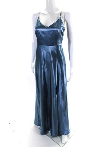 Birdy Grey Womens Satin Split Hem Sleeveless Long Empire Waist Dress Blue Size L