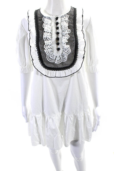 Self-Portrait Womens Cotton Mesh Ruffled Buttoned Drop Waist Dress White Size 4