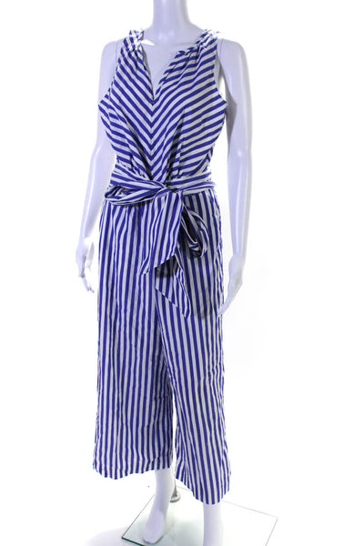 J Crew Womens Cotton Striped V-Neck Sleeveless Wide Leg Jumpsuit Blue Size 6