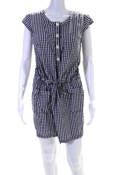 J Crew Womens Check Print Drawstring Waist Short Sleeve Dress Navy Size 6