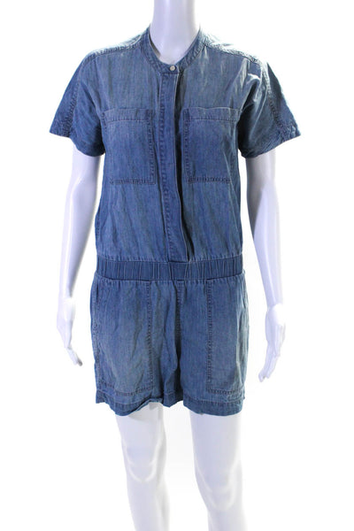 J Crew Womens Cotton Blend Denim Short Sleeve Button Up Romper Blue Size 4