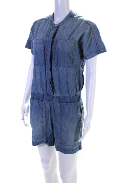 J Crew Womens Cotton Blend Denim Short Sleeve Button Up Romper Blue Size 4