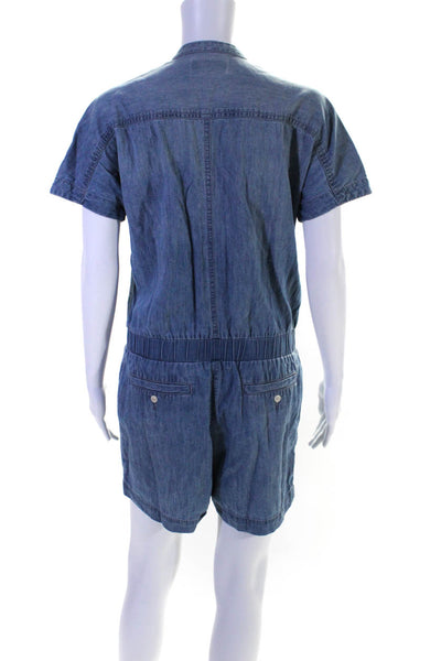 J Crew Womens Cotton Blend Denim Short Sleeve Button Up Romper Blue Size 4