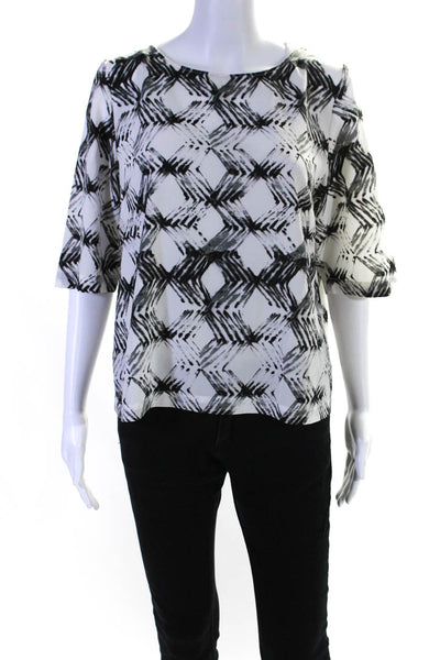 DKNYC Womens Abstract Print Short Sleeve Pullover Blouse Top White Size S