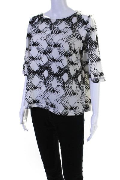 DKNYC Womens Abstract Print Short Sleeve Pullover Blouse Top White Size S