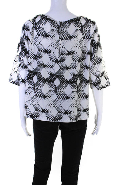 DKNYC Womens Abstract Print Short Sleeve Pullover Blouse Top White Size S