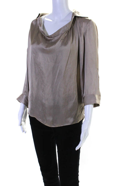 Vince Womens Collared Round Neck Long Sleeve Pullover Blouse Top Taupe Size 4